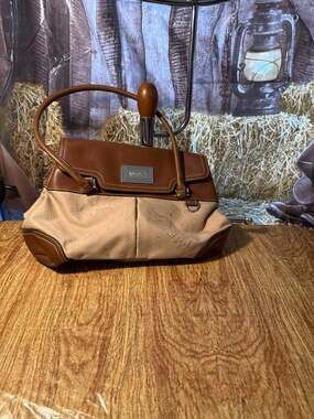 American Living Two-Tone Brown Leather and Tan Canvas Monogrammed Satchel